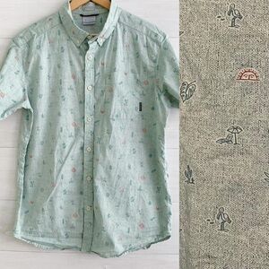 Columbia Short Sleeve green tropical print summer casual button down shirt XL
